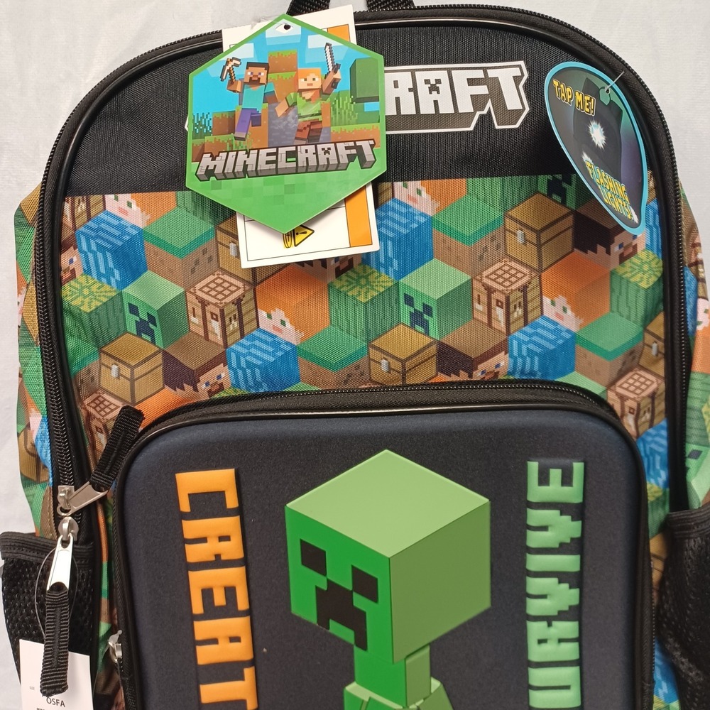 Minecraft Character Blocks And Light Up Creeper 17" Kids School Backpack - Picture 2 of 4